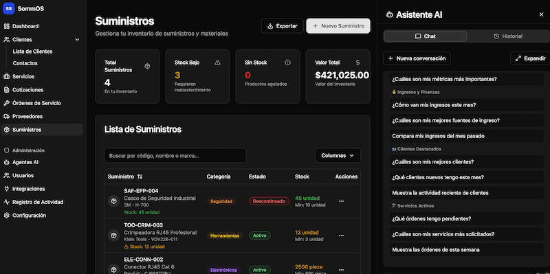 Dashboard de SommOS mostrando analytics, centro de clientes y asistente AI